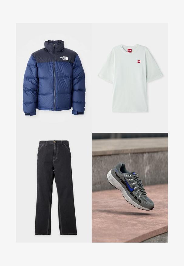 Mørkeblå pufferjakke med en sort topdel, høj krave, frontlynlås og logo på brystet. Føles bulky med elastiske manchetter.; Lysegrøn kortærmet t-shirt lavet af blød bomuld, med et lille rødt logo på venstre brystområde. Løs pasform og rund halsudskæring.; Sorte jeans med lige ben, forlommer, bæltestropper og synlige hvide syninger på en ensfarvet lys grå baggrund.; Grå og sort Nike løbesko med blå swoosh og hvid sål, svævende over en stenovertflade.