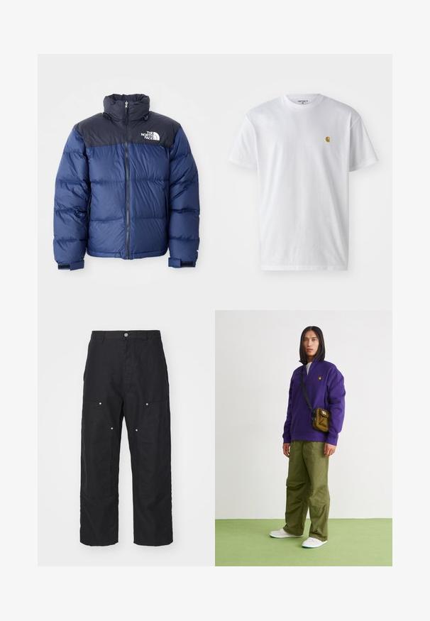 Chaquetón acolchado azul marino con una sección superior negra, cuello alto, cremallera frontal y logo en el pecho. Textura gruesa y puños elásticos.; Camiseta de algodón blanca con mangas cortas, cuello redondo, que presenta un pequeño logo dorado en la parte izquierda del pecho. Textura suave y corte regular.; Pantalones negros de una tela texturizada, con una cintura alta, corte holgado y bolsillos frontales con herrajes de botón a presión en tono plateado.; Jordan AIR JORDAN 1 ZM CMFT 2 - Zapatillas altas - summit white/bicoastal/oxidized green