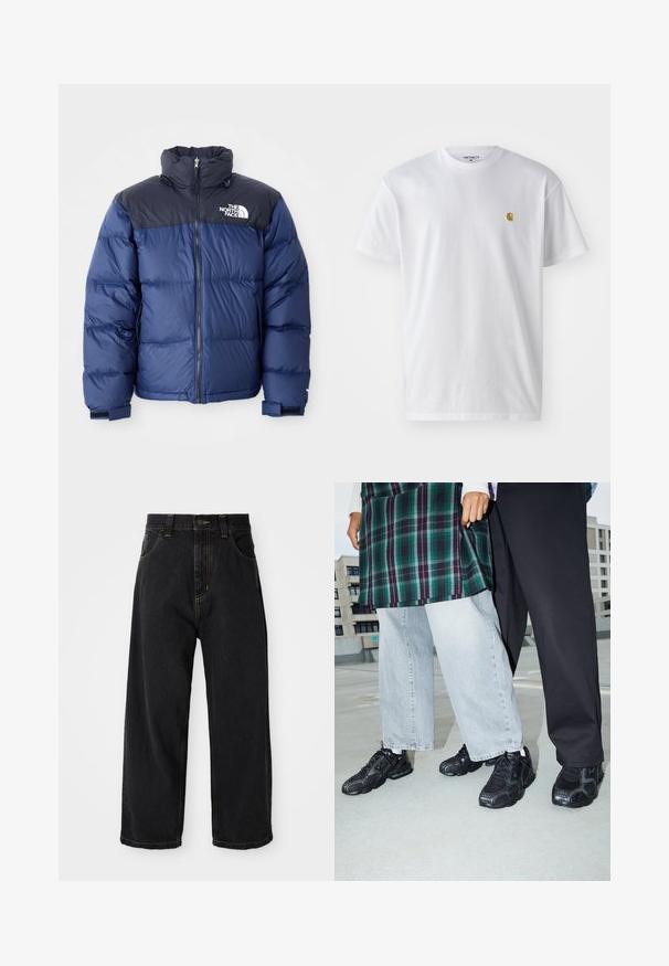 Marineblauwe puffer jacket met een zwart bovenstuk, hoge kraag, ritssluiting aan de voorkant en logo op de borst. Dikke textuur en elastische manchetten.; Witte katoenen t-shirt met korte mouwen en ronde hals, voorzien van een klein gouden logo op de linkerkant van de borst. Zachte textuur en een normale pasvorm.; Zwarte wijde denim jeans met hoge taille, voorste knoop, rits en gele stiksels op de zakken en naden.; Zwarte sportieve schoenen met mesh- en rubberaccenten. Draagt een lichtgrijze wijde spijkerbroek en een groen geruit shirt. Effen achtergrond.