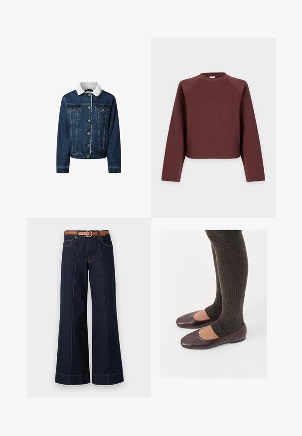 Denim jacket in een donkere blauwtint, met een witte nepbont kraag, knoopsluiting, twee voorzakken en een cropped ontwerp met een franjezoom.; Sweater met lange mouwen, ronde hals, effen bruin, met een losse pasvorm, getoond tegen een lichtgrijze achtergrond.; Donkerblauwe denim wijde pijpen jeans met een hoge taille, een brown riem en zichtbare stikseldetails. Bevat voorzakken en heeft een relaxed fit.; Bordeaux lakleren ballerina's met een vierkante neus, gecombineerd met donkerbruine geribbelde sokken die tot halverwege de kuit reiken.