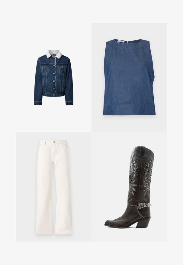 Denim jacket in een donkere blauwtint, met een witte nepbont kraag, knoopsluiting, twee voorzakken en een cropped ontwerp met een franjezoom.; Blauwe mouwloze top van denim stof. Kenmerkt zich door een bootnek, subtiele zijnaden en een sleufopening aan de achterkant.; Witte wijde spijkerbroek van denim, met een sluiting met vooraan een knoop, vijf zakken en een gladde textuur zonder zichtbare patronen.; Zwarte leren cowboylaars met decoratieve uitsnijdingen, zilveren gesp en schuine hak, weergegeven op een witte achtergrond.