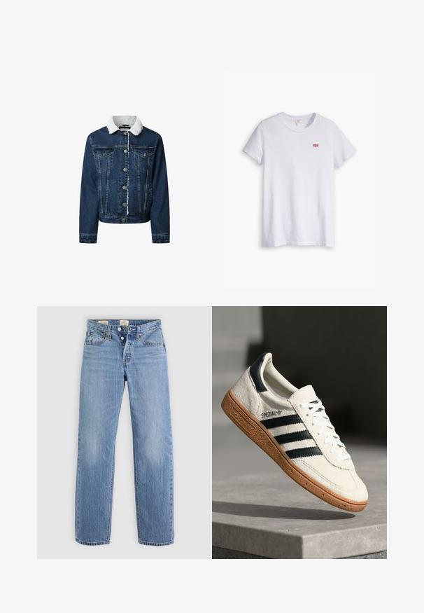 Denim jacket in een donkere blauwtint, met een witte nepbont kraag, knoopsluiting, twee voorzakken en een cropped ontwerp met een franjezoom.; Witte katoenen t-shirt met korte mouwen en een ronde hals. Bevat een klein rood Levi's-logo op de linkerborst.; Lichtblauwe denim jeans met een recht model, metalen knoopsluiting, zijzakken en subtiele vervagingdetails doorheen.; Witte suède sneakers met marineblauwe strepen, rubberen gumzool, gestructureerde bovenkant, ronde neus en veters; heeft branding aan de zijkant en op de tong.