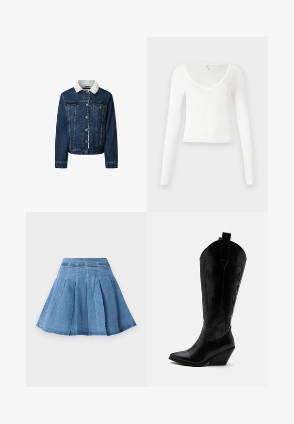 Denim jacket in een donkere blauwtint, met een witte nepbont kraag, knoopsluiting, twee voorzakken en een cropped ontwerp met een franjezoom.; Witte, langärmelige, V-hals, aansluitende, cropped shirt met een eenvoudige, gladde stoftextuur op een neutrale achtergrond.; Denim plissé rok in lichtblauw met een aansluitende tailleband, uitlopend aan de zoom, met subtiele stikdetails en een zachte textuur.; Zwarte leren cowboylaars met puntige neus, schuine blokhak, decoratieve stiksels en aantreklusjes bovenaan tegen een witte achtergrond.