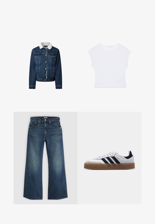 Denim jacket in een donkere blauwtint, met een witte nepbont kraag, knoopsluiting, twee voorzakken en een cropped ontwerp met een franjezoom.; Witte cropped T-shirt met korte mouwen en een ronde hals, gemaakt van gladde stof, plat neergelegd op een witte achtergrond.; Blauwe denim jeans met een hoge taille, brede rechte pijpen, voorzakken en knoopsluiting, getoond tegen een effen lichte achtergrond.; Witte leren sneakers met zwarte strepen, gumrubberen buitenzool, ronde neus, vetersluiting en een zachte grijze suède neuskap.