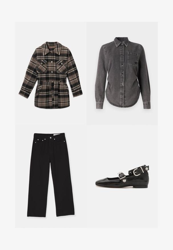 Rutet skjortejakke i nuancer af brun, sort og beige. Har krave, to brystlommer, belte i taljen og trykknapper.; Mørk grå denimskjorte med lange ærmer, knaplukning, spidse kraver, enkelt brystlomme og rundet kant. Struktureret overflade med synlige sømme.; Sorte vidde jeans lavet af denim, med et fem-lomme design, knaplukning og metalhardware detaljer. Struktureret stof med en glat finish.; Sorte patenteret lædersko med firkantet tå, ankelrem med sølvhardware og flad sål. Glat tekstur med minimalistisk design.