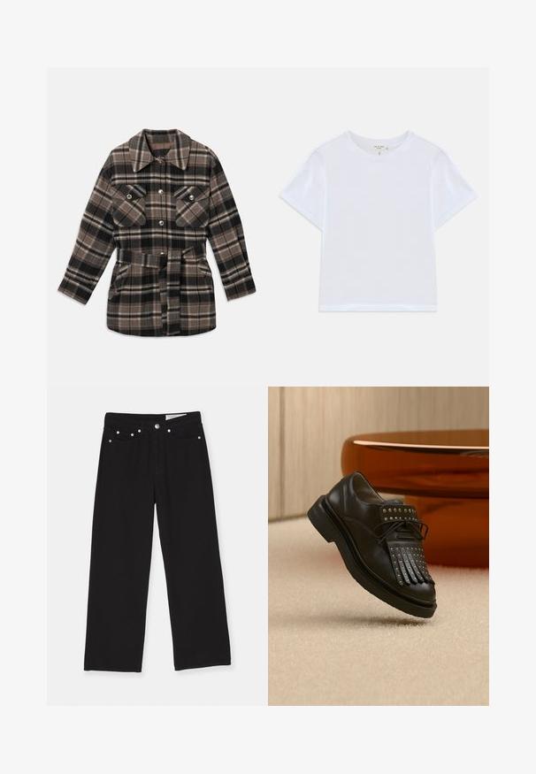 Rutet skjortejakke i nuancer af brun, sort og beige. Har krave, to brystlommer, belte i taljen og trykknapper.; Hvid cropped t-shirt lavet af blødt bomuld, med rund hals og korte ærmer og en let løs pasform. Ingen mønstre eller accenter.; Sorte vidde jeans lavet af denim, med et fem-lomme design, knaplukning og metalhardware detaljer. Struktureret stof med en glat finish.; Sort læder snøresko med dekorativ frynse og metalnitter placeret på beige tæppe nær brunt møbel.