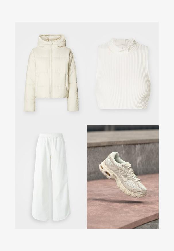 Πουφ jacket σε κρέμα, με κουκούλα, πλήρη μπροστινή φερμουάρ και λογότυπο. Το υλικό είναι λείο με κλιμακωτή υφή και κομμένη σχεδίαση.; Λευκό ριγωτό κοντό τοπ χωρίς μανίκια με ψηλό λαιμό και διακριτική λεπτομέρεια κουμπιού στον γιακά, φτιαγμένο από απαλό και ελαστικό ύφασμα.; Λευκό αθλητικό παντελόνι σε φαρδιά γραμμή με ραμμένο ζώνη και διακριτική λεπτομέρεια λογότυπου. Απαλή υφή με άνετη εφαρμογή και στενό στρίφωμα.; Αθλητικό παπούτσι σε ανοιχτό μπεζ χρώμα με επάνω μέρος από δίχτυ, στρογγυλεμένο μύτη και υφασμένο μεσαίο σόλα. Διαθέτει μαξιλαρωμένο γιακά και κορδόνια με διακριτικό λογότυπο.
