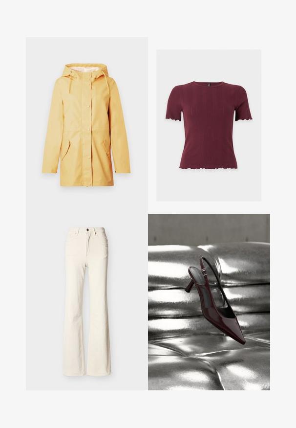 Imperméable jaune à capuche avec boutons-pression sur le devant et deux poches à rabat, conçu pour être porté en extérieur.; Haut en maille bordeaux à manches courtes avec bords festonnés aux manches et à l'ourlet, présentant un col rond et une texture verticale subtile.; Jean taille haute couleur blanc cassé avec bouton à l'avant, fermeture éclair, poches avant et arrière, et coupe légèrement évasée au niveau des jambes.; Escarpin slingback à talon haut, rouge foncé brillant avec bout pointu, présenté sur une surface en cuir argenté capitonné et brillant.