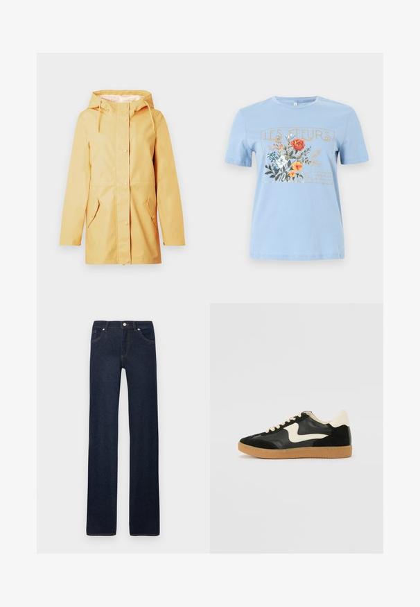 Imperméable jaune à capuche avec boutons-pression sur le devant et deux poches à rabat, conçu pour être porté en extérieur.; T-shirt bleu clair à manches courtes avec un motif floral et le texte "LES FLEURS" en or au-dessus de fleurs orange, blanches et bleues.; Jean droit bleu marine avec poches avant, passants pour ceinture, bouton en métal et détails de couture sur un fond blanc uni.; Baskets en daim et cuir noir avec un swoosh latéral crème et un talon crème clair. Dotées de lacets beige et d'une semelle en caoutchouc gomme.