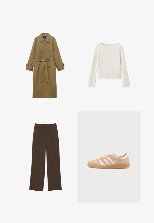 Lange kameelkleurige trenchcoat met brede reverskraag, dubbele knopen, ceintuur in de taille en knoopmanchetten, weergegeven op een witte achtergrond.; Off-white trui met lange mouwen, brede ronde halslijn en licht uitlopende mouwen, gemaakt van zachte gebreide stof.; Bruine wijde broek met een knoop aan de voorkant en een verborgen rits, met geplooide persvouwen langs de pijpen.; Beige Adidas Munich sneaker met roze strepen, rubberen zool en gouden "Munich" tekst aan de zijkant, gezien vanaf de binnenkant op een witte achtergrond.