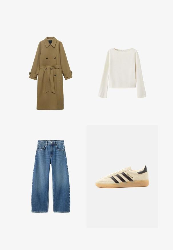 Trench coat largo de camello con amplios solapas, botones de doble botonadura, cintura ceñida con cinturón y puños abotonados, exhibido sobre fondo blanco.; Jersey de manga larga color blanco hueso con un amplio escote redondo y mangas ligeramente acampanadas, hecho de tejido de punto suave.; Vaqueros vaqueros azul de pierna ancha con detalles de tachuelas plateadas a lo largo de las costuras exteriores y los bolsillos delanteros, cintura alta con trabillas para cinturón y cierre de botón.; Zapatilla de ante color crema con rayas negras, suela de goma, lengüeta negra en el talón y texto dorado "SPEZIAL" en el lateral.