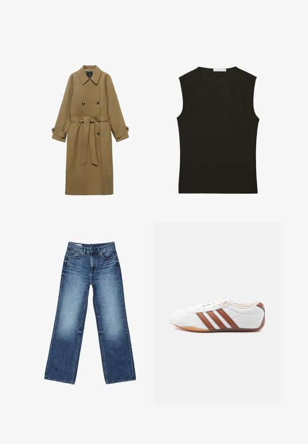Trench-coat long en camel avec col large à revers, boutons double-breasted, taille ceinturée et poignets à boutons, présenté sur fond blanc.; Top noir sans manches en tissu lisse ; coupe ajustée avec un col rond ; aucun motif ni accent visible.; Jean en denim bleu avec un effet délavé sur les cuisses, coupe droite à jambes larges, fermeture avant avec bouton, fermeture éclair, et style cinq poches.; Baskets blanches basses avec des bandes en cuir marron, fermeture à lacets et semelle en caoutchouc gomme, vues de l'intérieur sur fond blanc.