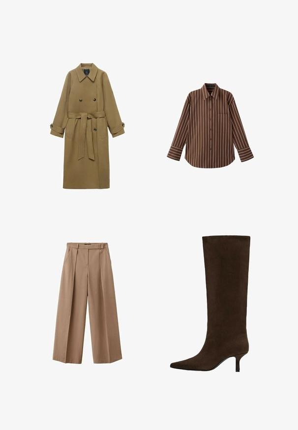 Lange kameelkleurige trenchcoat met brede reverskraag, dubbele knopen, ceintuur in de taille en knoopmanchetten, weergegeven op een witte achtergrond.; Bruin overhemd met lange mouwen, witte verticale strepen en een borstzak, plat neergelegd op een witte achtergrond.; Wijduitlopende broek in een lichtbruine stof. Kenmerken zijn een hoge taille, plooien aan de voorkant en twee zijzakken. Gladde, gestructureerde afwerking.; Hoge donkerbruine suède kniehoge laars met puntige neus en lage dunne hak.
