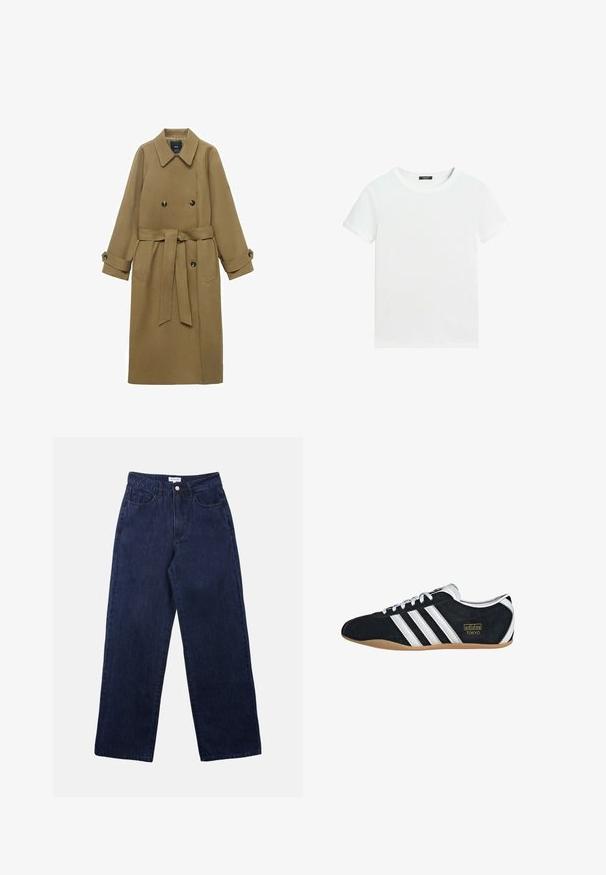 Lange kameelkleurige trenchcoat met brede reverskraag, dubbele knopen, ceintuur in de taille en knoopmanchetten, weergegeven op een witte achtergrond.; Effen wit T-shirt met korte mouwen, een ronde hals en een klein zwart labeltje aan de binnenkant van de kraag.; Donkerblauwe denim broek met een recht been ontwerp, voorzien van een knoopsluiting aan de voorkant, riemlussen en twee voorkokers.; Zwarte suède sneaker met witte drie strepen, gouden logo en een bruine rubberen zool. Heeft een laag profiel vetersluiting ontwerp.