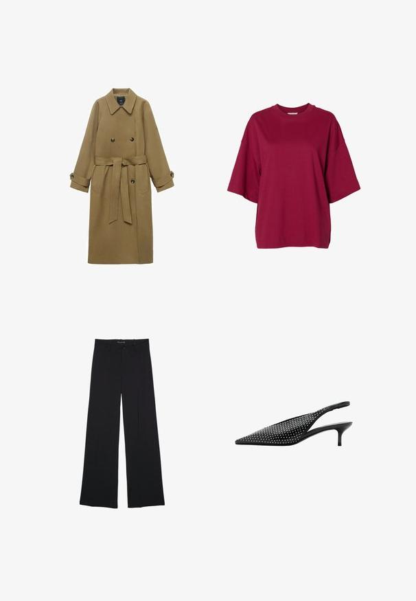 Lang kamel trenchcoat med bred krave, dobbeltknappede lukninger, bælte i taljen og knappede manchetter, vist på hvid baggrund.; Oversized kortærmet T-shirt i dyb rød med brede ærmer og rund halsudskæring, vist på en hvid baggrund.; Sorte bukser med vide ben, bæltestropper, knaplukning foran og lynlås, lagt fladt på en hvid baggrund.; Sort slingback-pumps med spids tå, lav kitten-hæl og sølvnittepynt, der dækker overdelen.