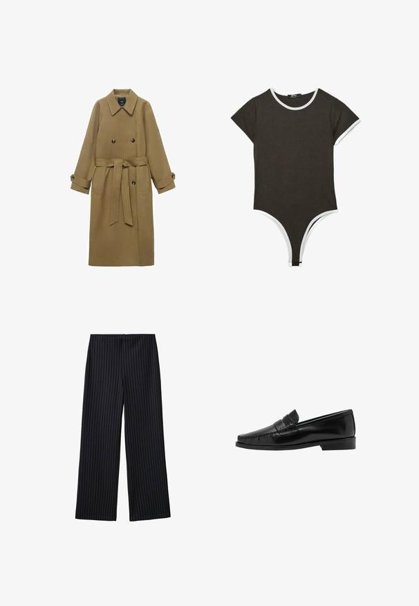 Lang kamel trenchcoat med bred krave, dobbeltknappede lukninger, bælte i taljen og knappede manchetter, vist på hvid baggrund.; Sort bodysuit med korte ærmer og hvid kant ved halsudskæring, ærmekanter og benåbninger, med trykknapper ved skridtet.; Sorte, smalle stribede bukser med brede ben, glat tekstur og en høj talje. Stoffet har en subtil glans og falder løst.; Sorte læderloafers med et syet tådesign og en lav hæl. Overdelen har en dekorativ rem. Glat, skinnende overfladestruktur.