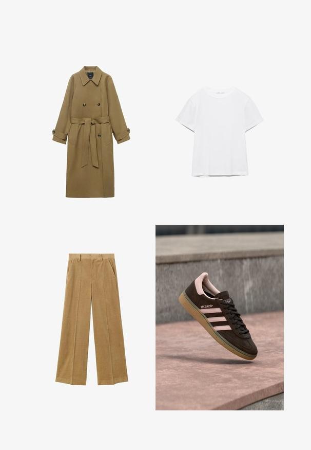 Lang kamel trenchcoat med bred krave, dobbeltknappede lukninger, bælte i taljen og knappede manchetter, vist på hvid baggrund.; Hvid, kortærmet T-shirt med rund hals og lige kant, vist på en hvid baggrund.; Lysbrune fløjl bukser med vidde ben, som har sidelommer og lodrette ribber for tekstur. Skræddersyet talje afslutter looket.; Mørkebrun ruskindsneaker med pink detaljer, der har tre pink striber, en tekstureret sål og en logo på siden. Klassisk lavprofil-design.