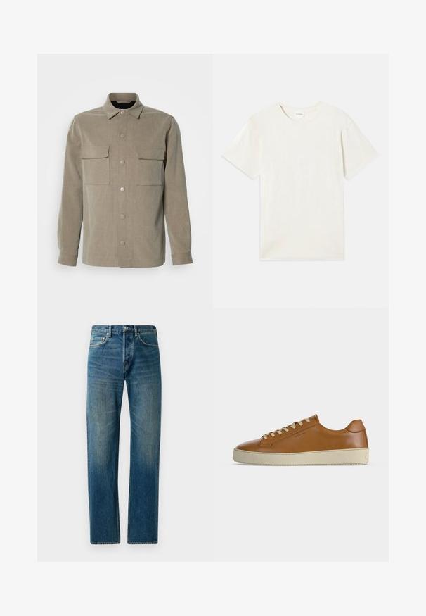 Veste beige à boutons avec un col, deux poches poitrine et des boutons pression métalliques, fabriquée en tissu texturé.; T-shirt à manches courtes, col rond en beige clair, texture en coton doux avec une coupe décontractée et sans motifs ni accents visibles.; Jeans en denim bleu avec une coupe droite, présentant un style à cinq poches, un léger délavage et des accents de couture contrastants.; Baskets basses en cuir marron avec lacets crème et semelle épaisse en caoutchouc crème, vues de profil sur fond blanc.