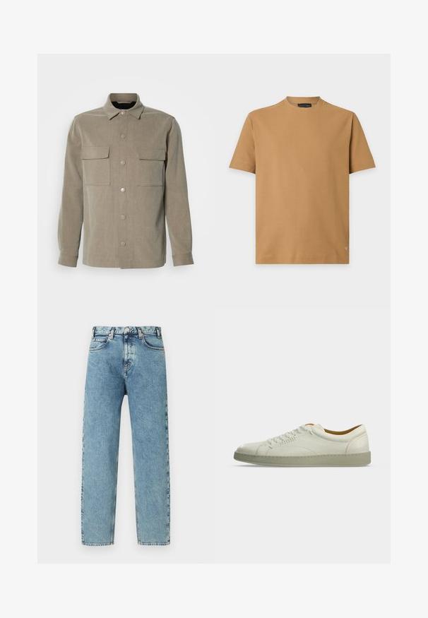 Veste beige à boutons avec un col, deux poches poitrine et des boutons pression métalliques, fabriquée en tissu texturé.; T-shirt marron camel à manches courtes avec col rond, motif subtil en chevrons et petit logo près de l'ourlet inférieur.; Jeans en denim bleu clair avec une coupe droite, cinq poches et fermeture par bouton en laiton. Le tissu présente une texture légèrement usée et un aspect délavé.; Baskets basses en cuir blanc avec semelle beige, lacets latéraux et détails de couture minimalistes, présentées sur un fond gris clair uni.