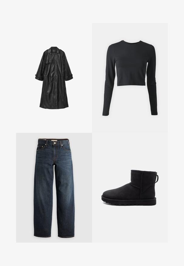 Sort læder trench coat med dobbeltbrystet design, brede ærmer og bælte i taljen. Har en stor krave og sidelommer.; Sort cropped langærmet skjorte lavet af blød, strækbar stof. Har en rund halsudskæring og tætsiddende ærmer, med en ensfarvet overflade og ingen mønstre.; Mørkeblå denimjeans med lige ben, fem lomme-stil og kontrastsyninger samt knappelukning.; Sort ruskinds ankelstøvle med rund tå, et shearling-fôr og en flad gummisål. Har en sidesøm og en trækflap bagpå.
