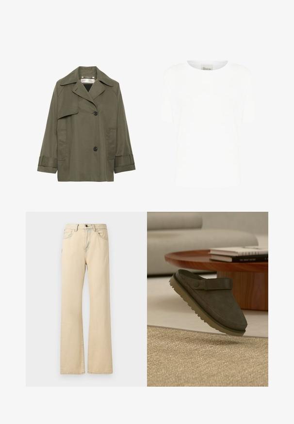 Olivengroene trenchcoat met een kraag, grote voorzakken, twee zwarte knopen en driekwartmouwen. Glad stof met een ontspannen pasvorm.; Witte t-shirt met korte mouwen, gemaakt van zachte katoen, met een ronde halslijn en een ontspannen fit, zonder zichtbare patronen of accenten.; Beige wijde jeans gemaakt van denimstof, met een hoge taille, voorzakken, een knoopsluiting en contrasterende stiksels.; Donkergroene suède instapper met een gestructureerd bovenwerk en een band over de wreef, voorzien van een rubberen zool met een multidirectioneel profiel.