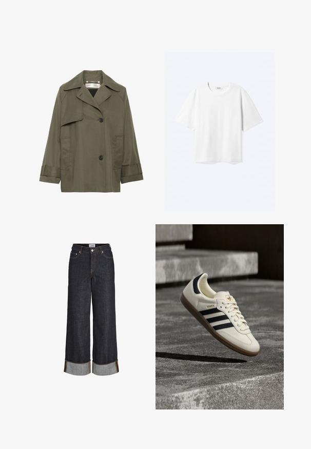 Olivengroene trenchcoat met een kraag, grote voorzakken, twee zwarte knopen en driekwartmouwen. Glad stof met een ontspannen pasvorm.; Witte T-shirt met korte mouwen en een ronde hals met rechte zoom, met een "WEEKDAY" merklabel aan de binnenkant van de hals.; Donkerblauwe wijde jeans met omgeslagen zomen, vijf zakken en contrasterend gele stiksels.; Witte Adidas Samba sneaker met zwarte strepen en gumzool, zwevend boven gestructureerde grijze betonnen treden.