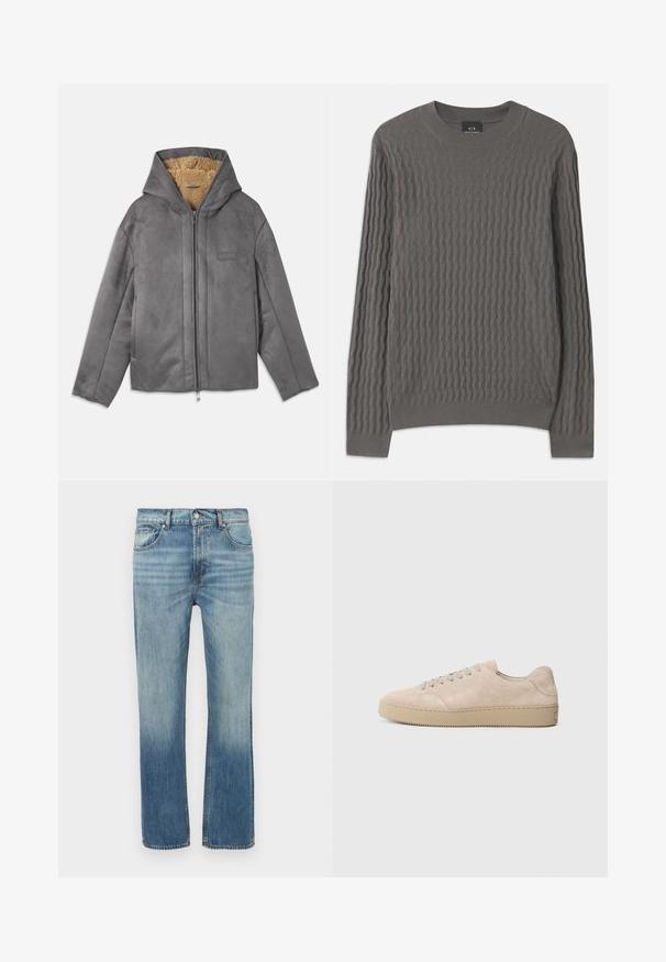 Chaqueta gris con cremallera y capucha, hecha de un material suave similar al ante, forrada con forro polar color beige para proporcionar calidez y comodidad. Cuenta con bolsillos laterales.; Armani Exchange Jersey de punto - dark gull zig zag; Vaqueros de mezclilla azul claro con diseño de pierna recta, detalles desgastados, cinco bolsillos y cierre frontal con botón. Costuras visibles a lo largo de las costuras.; Zapatilla de ante beige con punta redondeada, cordones planos y suela de goma texturizada. Diseño minimalista con bordes suaves y costuras sutiles.