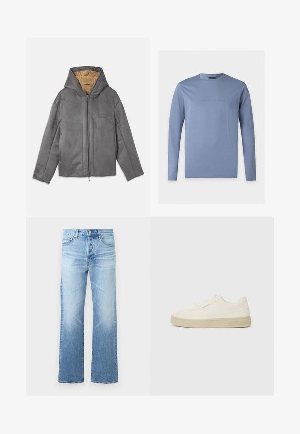 Grå lynlåstrøje med hætte, lavet af blødt ruskindsagtigt materiale, foret med beige fleece for varme og komfort. Har sidelommer.; Langærmet lyseblå T-shirt med rund hals og præget Emporio Armani-logo centreret på brystet mod en hvid baggrund.; Lyseblå denimjeans med lige ben, design med fem lommer, knaplukning og diskret falmning på lår og knæ.; Hvide kanvas sneakers med en tekstureret gummisål, der har en syet tåhætte og logoaccent på hælen. Simpel snørebåndsdesign.