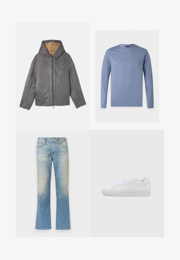 Grå lynlåstrøje med hætte, lavet af blødt ruskindsagtigt materiale, foret med beige fleece for varme og komfort. Har sidelommer.; Langærmet lyseblå T-shirt med rund hals og præget Emporio Armani-logo centreret på brystet mod en hvid baggrund.; Lyseblå denim jeans med vidde, med en falmet finish, fem-lomme-design, lukkes med metal knap og lige sømme.; Hvide sneakers i lav model og læder med rund snude, flade snørebånd, tekstureret sål og diskret guldfarvet logo på siden. Glat overflade og minimalistisk design.