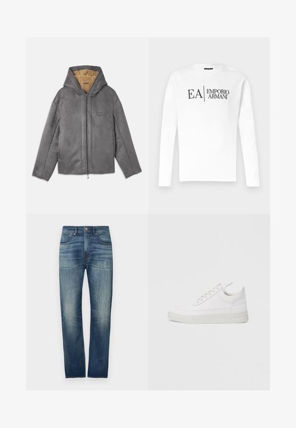 Chaqueta gris con cremallera y capucha, hecha de un material suave similar al ante, forrada con forro polar color beige para proporcionar calidez y comodidad. Cuenta con bolsillos laterales.; Camiseta blanca de manga larga con cuello redondo y logo negro "EA | Emporio Armani" centrado en el pecho, mostrada contra un fondo liso.; Vaqueros de mezclilla azul oscuro con diseño de pierna recta, que presentan un desgaste ligero, cinco bolsillos y cierre de botón en la cintura.; Zapatilla blanca de cuero con punta redondeada, suela plana y cierre de cordones. Presenta detalles de costuras y un cuello acolchado para mayor comodidad.