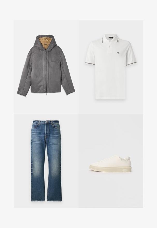 Grå lynlåstrøje med hætte, lavet af blødt ruskindsagtigt materiale, foret med beige fleece for varme og komfort. Har sidelommer.; Hvid kortærmet poloshirt med sorte stribedetaljer på krave og manchetter, to-knaps lukning og lille sort logo på venstre bryst.; Lyseblå denimjeans med lige ben, der har falmede områder, fem lommer og en klassisk knaplukning ved taljen.; Hvide sneakers med en glat lærredsoverdel, flade snørebånd, polstret krave og en struktureret grå detalje bagpå. Kraftig gummisål.