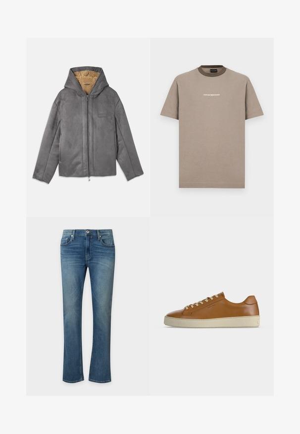 Chaqueta gris con cremallera y capucha, hecha de un material suave similar al ante, forrada con forro polar color beige para proporcionar calidez y comodidad. Cuenta con bolsillos laterales.; Camiseta de algodón marrón con mangas cortas y cuello redondo. Presenta un cuello de color marrón oscuro contrastante y el logo blanco "EMPORIO ARMANI".; Vaqueros de mezclilla azul con pierna ligeramente acampanada, cierre delantero con botón y cremallera, y bolsillos delanteros y traseros.; Zapatilla baja de piel marrón con cordones crema y suela gruesa de goma crema mostrada de perfil lateral sobre fondo blanco.