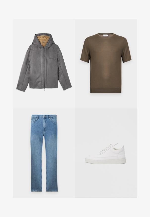 Chaqueta gris con cremallera y capucha, hecha de un material suave similar al ante, forrada con forro polar color beige para proporcionar calidez y comodidad. Cuenta con bolsillos laterales.; Jersey de punto verde oliva de manga corta con cuello redondo y dobladillo acanalado, mostrado sobre un fondo blanco liso.; Vaqueros de mezclilla azul claro con corte recto, cinco bolsillos, cierre con cremallera y costuras en contraste. La tela tiene un acabado liso y texturizado.; Zapatilla blanca de cuero con punta redondeada, suela plana y cierre de cordones. Presenta detalles de costuras y un cuello acolchado para mayor comodidad.