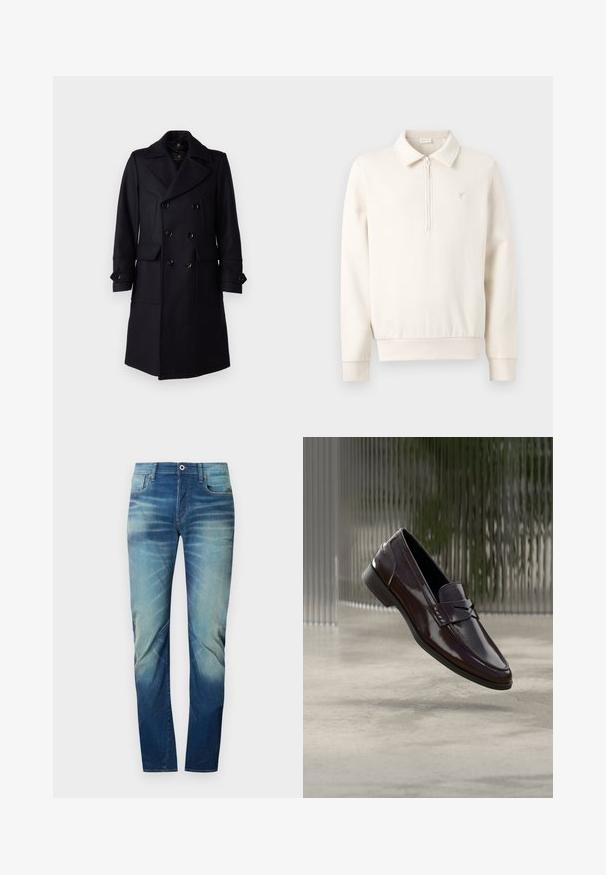Belstaff MILFORD COAT - Klassikaline mantel - ink blue; Kreemivärviline pika varrukaga pullover, millel on kvartist lukuga kaelus, soonikkoes mansetid ja vasakul rinnal väike tikitud logo.; Džinsid, millel on Gradient sinise värviskaala, klassikaline viiekotiga disain, tugev õmblus ja nupp, millega tõmmata talje kinni.; Pruunid nahast mokassiinid läikiva viimistlusega, esiküljel esile tõstetud õmbluse ja väikese lõikega detailiga ning madala musta tallaga.