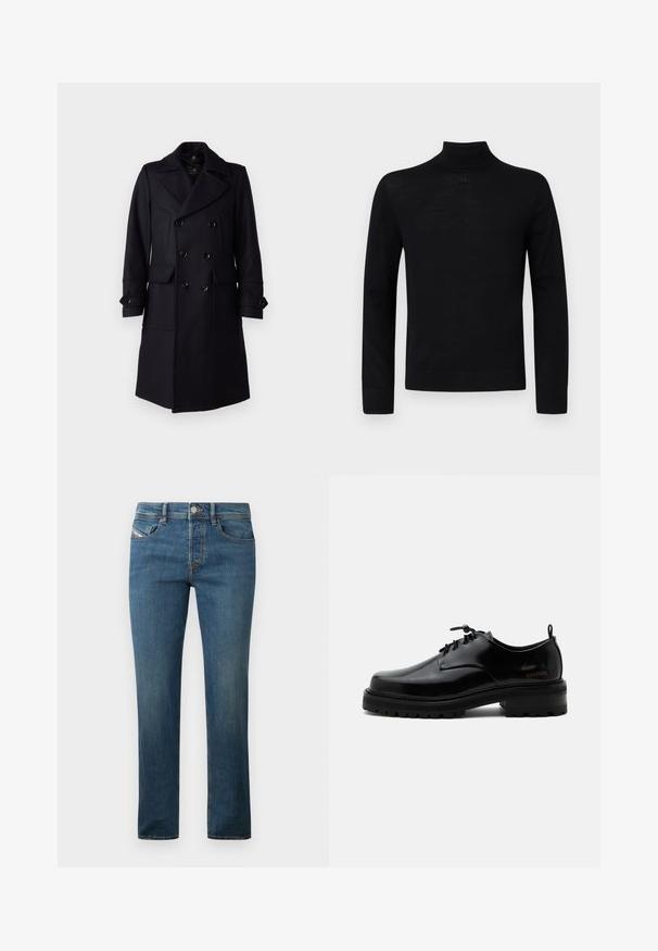 Belstaff MILFORD COAT - Klassikaline mantel - ink blue; Musta kõrge kaelusega sviiter, mis on valmistatud pehmest materjalist, omades pikki varrukaid ja vormivaid siluette, millel on kaeluses väike ümmargune detaile.; Tumed sinine denimist teksad otse jalgadega disainiga, viie-tasku stiil ja kerged pleekimised. Omab metallnuppu ja vöörihmade silmuseid.; Mustast poleeritud nahast paeltega jalanõu paksu kummist tallaga ja madala kontsaga, küljes brändi nimi „SAMSOE“ ning taga tõmbenööriga.