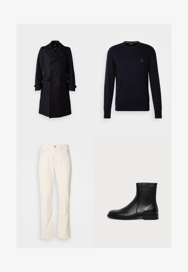 Belstaff MILFORD COAT - Klassischer Mantel - ink blue; Marineblauer Strickpullover mit langen Ärmeln, Rundhalsausschnitt, gerippten Bündchen und Saum, mit einem kleinen quadratischen Logo-Patch auf der Brust.; Beige Baumwolljeans mit klassischem geradem Bein, ausgestattet mit einem Frontknopfverschluss, fünf Taschen und dezenten Nähdetails.; Schwarzer Leder-Knöchelstiefel mit niedrigem Absatz, seitlicher Naht und kleinem "HUGO" Logo am oberen Schaft vor einfarbigem Hintergrund.