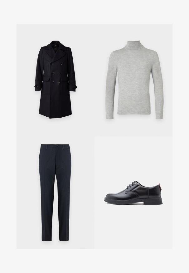 Belstaff MILFORD COAT - Klassisk frakke - ink blue; Lys grå langærmet turtleneck sweater med fin strik, vist på en neutral hvid baggrund.; DRYKORN AJEND - Chino - blue; Sorte snørestøvler i læder med glat tekstur, rundet tå og diskrete syningsdetaljer. Har en rød trækflig på hælen.