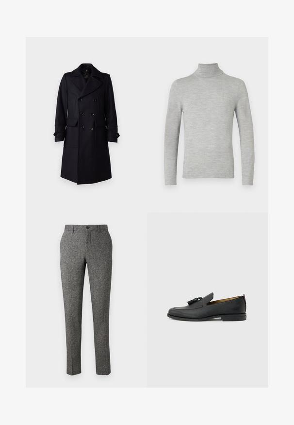 Belstaff MILFORD COAT - Klassischer Mantel - ink blue; Hellgrauer Langarmrollkragenpullover mit feiner Strickstruktur, präsentiert vor einem schlichten weißen Hintergrund.; Lindbergh PANTS - Stoffhose - brown; Schwarzer Herrenschuh aus Leder mit Quasten, runder Spitze, niedrigem Absatz und Zuglasche auf der Rückseite, seitlich auf hellem grauem Hintergrund dargestellt.