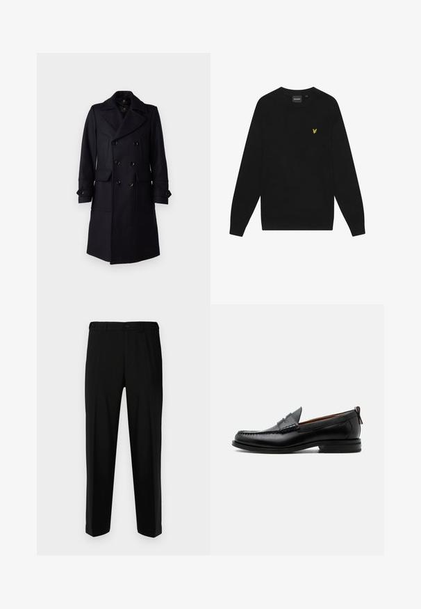 Belstaff MILFORD COAT - Klassisk frakke - ink blue; Sort bomulds sweatshirts med lange ærmer og rund hals. Har et lille gult ørnelogo på brystet. Blød tekstur.; Sorte bukser lavet af glat stof, med lige snit, to forlommer og lynlås med knaplukning.; Sort læder herre loafer med moc-tå syning, penny strop, struktureret krave og lav stablet hæl på hvid baggrund.