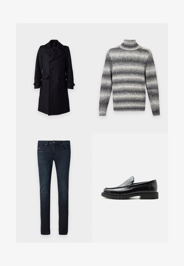 Belstaff MILFORD COAT - Klassinen takki - ink blue; Harmaa ja valkoinen raidallinen pooloneule, jossa on ribbireuna, pehmeä tekstuuri ja tavalliset pitkät hihat.; Tummansiniset kapeat farkut, joissa on lievää kulumista reiden kohdilla, etutaskuissa, vyölenkeissä ja napin suljennassa vyötäröllä.; Mustat nahkaiset loafersit, joissa paksu kumipohja, ommeltu yläosa ja kohokuvioitu tuotemerkin nimi kannassa, esitetty sivuprofiilissa valkoisella taustalla.