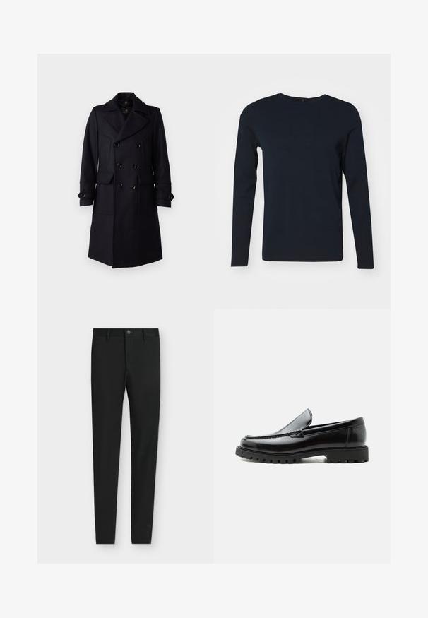Belstaff MILFORD COAT - Klassisk frakke - ink blue; Mørkeblå langærmet t-shirt lavet af bomuldsblandet stof, med rund halsudskæring og en glat tekstur uden mønstre eller udsmykninger.; Sorte slimfit bukser med bæltestropper, knaplukning og forlommer, vist fladt på en lysegrå baggrund.; Sort læderloafer med chunky gummisål, syet overdel og præget mærkenavn på hælen, vist i sideprofil på hvid baggrund.