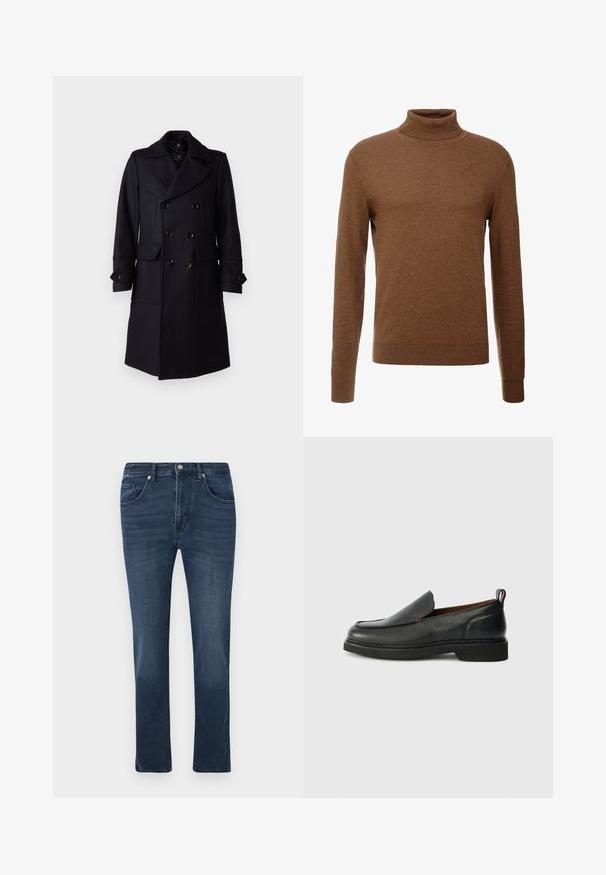 Belstaff MILFORD COAT - Klassischer Mantel - ink blue; Brauner Rollkragenpullover aus weichem Stoff, mit langen Ärmeln, gerippten Bündchen und tailliertem Schnitt ohne sichtbare Muster.; Dunkelblaue Slim-Fit-Jeans aus Denim mit Front- und Münztaschen, Knopfverschluss und dezenten Ausbleichungen auf den Oberschenkeln.; Schwarzer Leder- Slipper mit runder Spitze, strukturiertem Obermaterial, kontrastierender roter Naht und niedrigem Absatz. Verfügt über eine Schlaufe zum Ziehen.