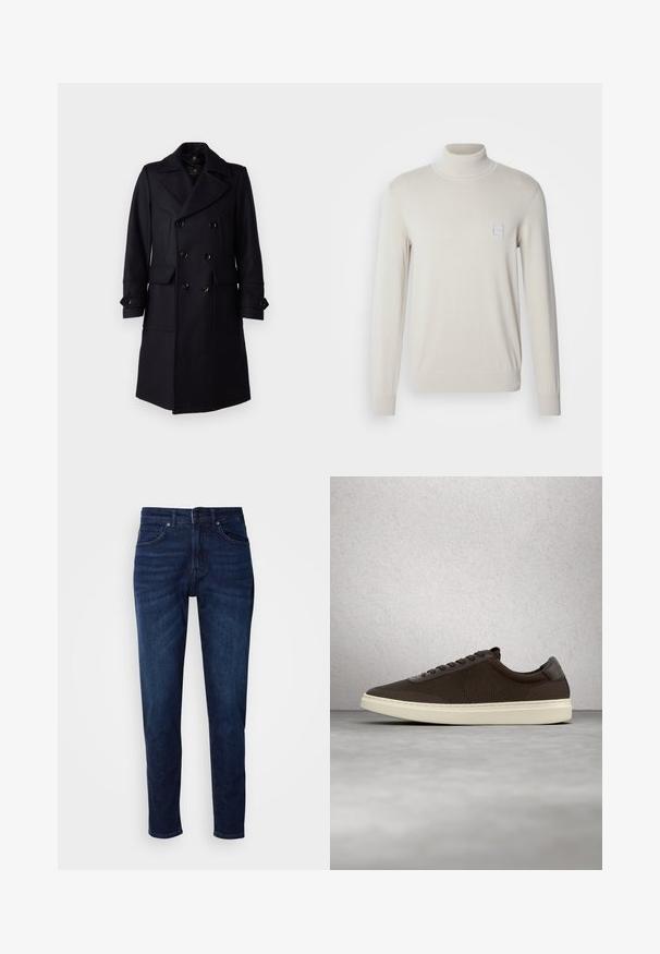 Belstaff MILFORD COAT - Klassikaline mantel - ink blue; Hele beež turtleneck-sweater, mis on valmistatud pehmest kudumisest, pikkade varrukatega ja rinnal on väike ruudukujuline logo insignia.; Tumedat sinised denim teksad sirge säärega disainiga, millel on taskud ja nööpkinnitus taljes. Pehme tekstuur, minimaalne pleekimise detail.; Tumepruun tekstuuriga toss valge tallaga, nöörkinnitusega ja peenete brändielementidega, hõljumas läikiva põranda kohal klaasplokkide lähedal.