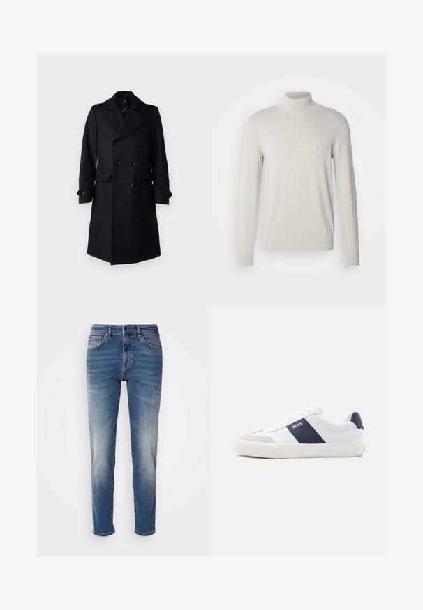 Belstaff MILFORD COAT - Klasický kabát - ink blue; Svetlo béžový rolák vyrobený z mäkkej pleteniny, s dlhými rukávmi a malou štvorcovou nášivkou na hrudi.; Modré denimové džínsy s rovnými nohavicami, svetlým vyblednutím, klasickým päťvreckovým dizajnom a zipsom s gombíkovým zapínaním.; Biela nízka teniska s námorníckym pásom na boku, logom „BOSS“, béžovou špičkou a bielou podrážkou, zobrazená z profilu na svetlom pozadí.