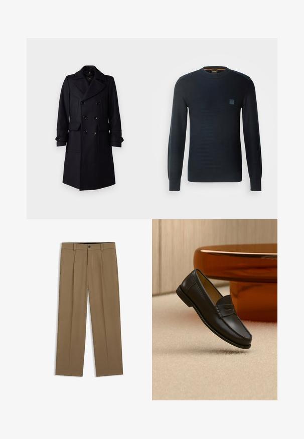 Belstaff MILFORD COAT - Klassisk frakke - ink blue; Strikket navyblå sweater med lange ærmer, rund halsudskæring, tekstureret stof og et lille logo-patch på brystet.; Brune lige bukser med bæltestropper, forreste knap og lynlås, vist fladt på en hvid baggrund.; Sort læder loafer-sko hængende over beige tæppe med ravfarvet moderne møblement i baggrunden.