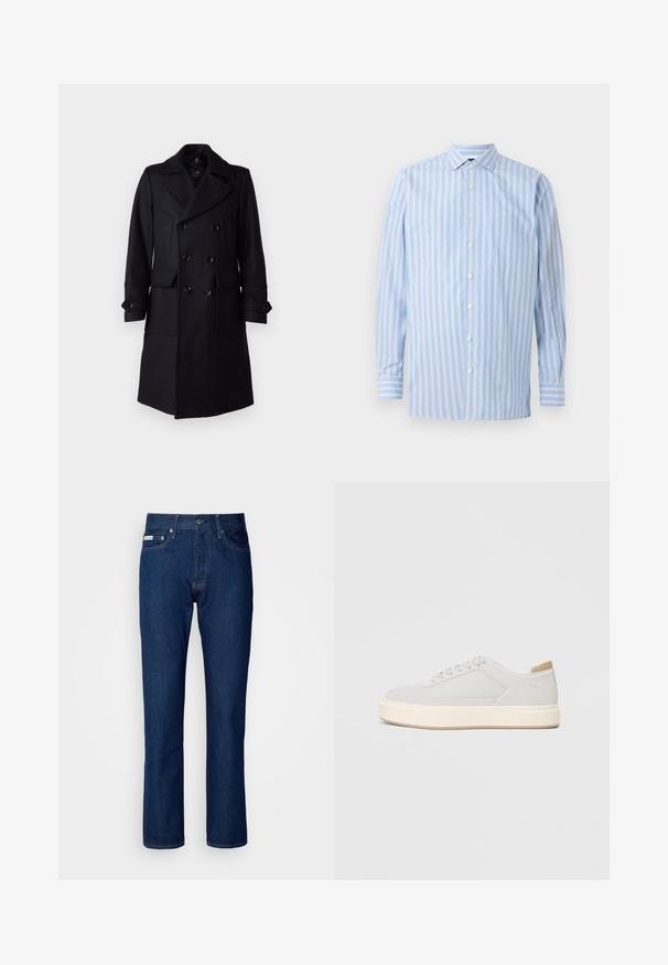 Belstaff MILFORD COAT - Klassisk frakke - ink blue; Lys blå langærmet skjorte med vertikale hvide og lyseblå striber, knaplukning, krave og et lille broderet logo på brystet.; Mørkeblå denim jeans med lige ben sammen design, der har lynlås og knaplukning, fem lommer og subtile stikninger.; Lys grå sneakers med en glat syntetisk overdel, rund tå og en struktureret crème mellemsål. Lysebrune accenter på hælen.
