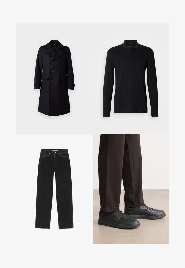 Belstaff MILFORD COAT - Klassisk frakke - ink blue; Sort langærmet polo skjorte lavet af glat stof. Har en krave, tre-knaps lukning og et diskret logo på brystet.; Sorte denimjeans med lige ben-design, der har en knaplukning og forlommer. Subtil tekstur tilføjer dybde til stoffet.; Sorte sneakers med en glat læderlignende overflade, rund tå og snørebåndsdesign. Sammen med mørke, afslappede bukser. Flad gummisål.