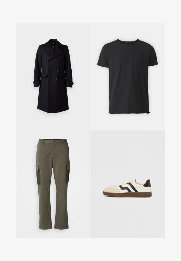 Belstaff MILFORD COAT - Klassischer Mantel - ink blue; Schwarz, kurzärmliges T-Shirt aus weicher Baumwolle, mit klassischem Rundhalsausschnitt und glatter Oberfläche, in gerader Form.; Olivgrüne Cargo-Hose mit geradem Schnitt, ausgestattet mit seitlichen Taschen, Reißverschluss und einem strapazierfähigen Baumwollmischgewebe.; Weißer Ledersneaker mit schwarzen Streifen und hellbraunem Wildleder-Zehenkappe. Gummisohle in Dunkelbraun. Schnürsenkel und gepolsterter Kragen vervollständigen das Design.