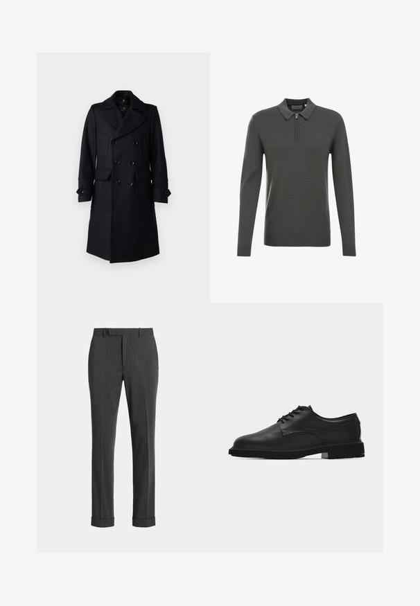 Belstaff MILFORD COAT - Klassikaline mantel - ink blue; Tume roheline pikkade varrukatega tõmblukuga pullover. Valmistatud pehmest kangast, millel on soonikuga mansetid ja alläär. Minimalistlik disain, ilma mustriteta.; Tumedat halli tekstuurse kangaga püksid, sirge säärega, vööaasa ja varrukaotsad üleskeeratud.; Meeste must nahast paelaga king, sileda viimistluse ja paksu kummist tallaga, külgvaates valgel taustal.