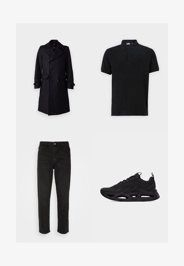 Belstaff MILFORD COAT - Klassisk frakke - ink blue; Sort polo-shirt lavet af blød bomuld. Har krave, tre-knaps placket og et broderet "K" logo på venstre bryst. Korte ærmer.; Sorte denim jeans med lige ben, høj talje, knaplukning og fire lommer. Har et klassisk fem-lomme design.; Sort atletiksko med tekstureret overdel, snøredesign, trækflapper på tunge og hæl samt en formet sål med udskårne detaljer.